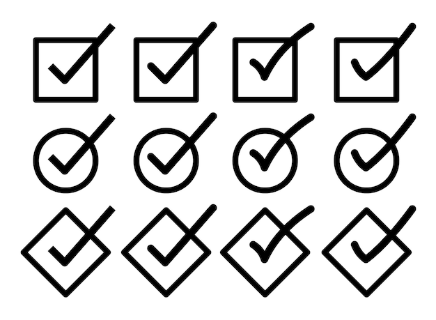 Set of check marks in squares circles and diamonds