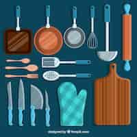 Free vector set of chef utensils with blue details