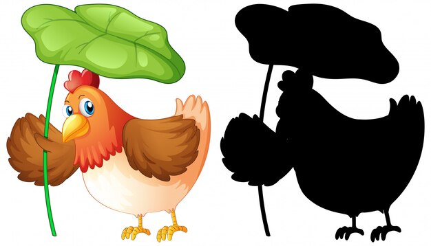 Set of chicken holding leaf and its silhouette
