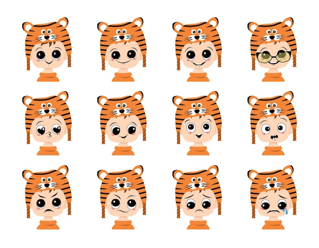 Set of children avatar with big eyes and wide smile and different emotions in tiger hat. cute kid with joyful or sad face in festive costume for new year and christmas
