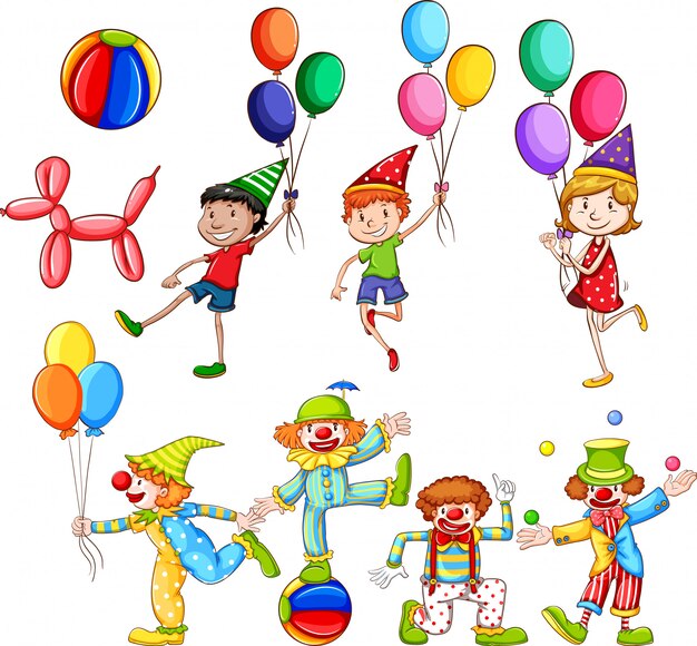 Set of children and clowns with balloons