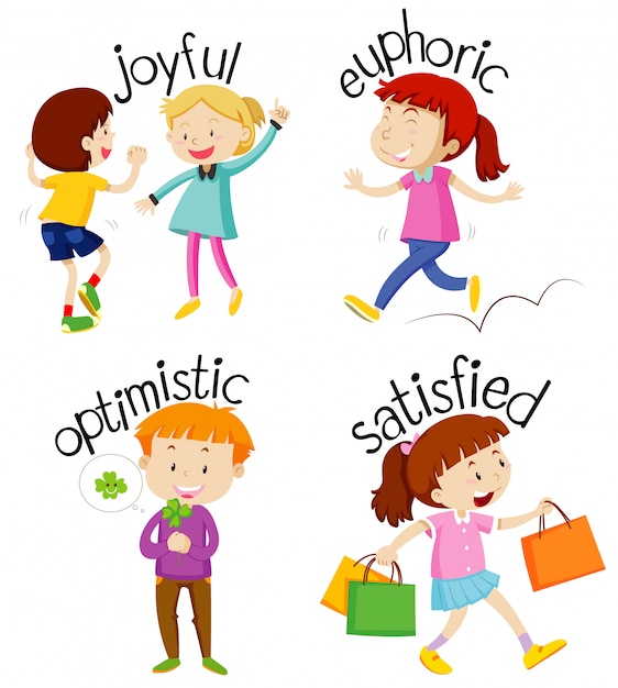 Set of children doing activities with adjectives