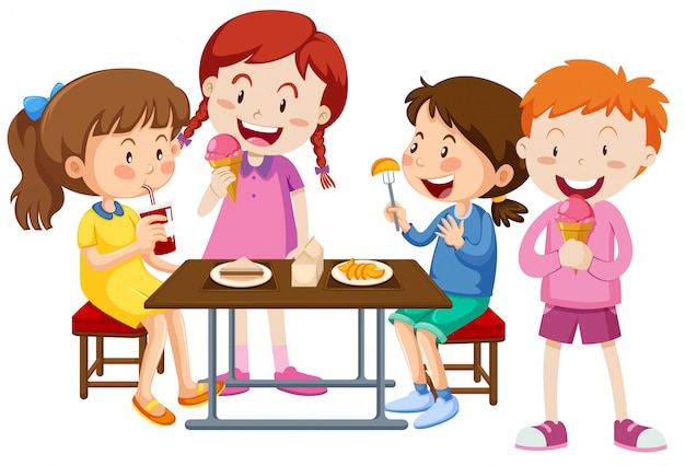 Set of children eating together