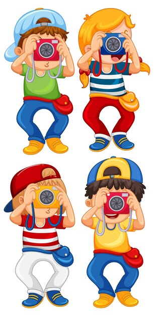 写真を撮るカメラを持っている子供たちのセット