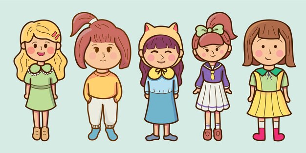 만화 캐릭터 벡터 삽화에서 다른 옷 헤어스타일 피부색과 민족성을 가진 어린 소녀들의 웃는 얼굴을 가진 어린이 세트