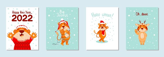 Set of christmas cards with cute cartoon red striped tigers