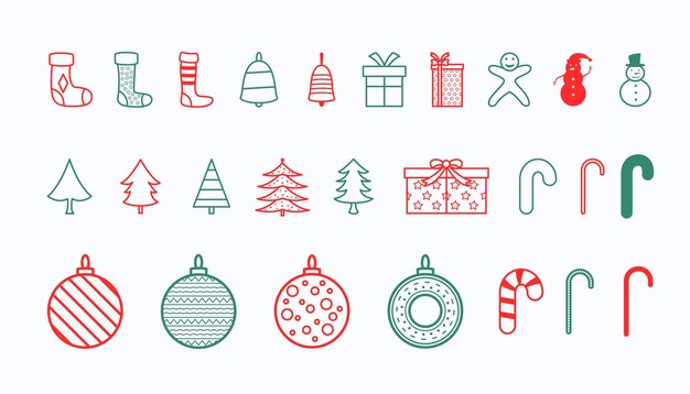 Набор элементов дизайна рождественских украшений в линейном стиле