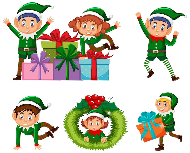 Vettore gratuito set di elfi di natale in stile cartone animato