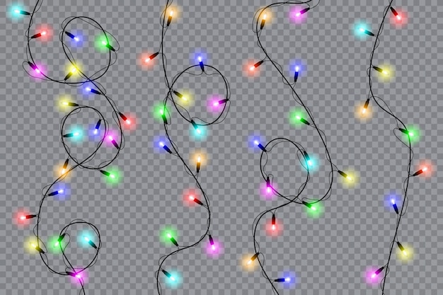 Set of christmas lights isolated realistic design elements. glowing lights for xmas holiday cards, banners, posters, web design. garlands decorations. vector illustration.