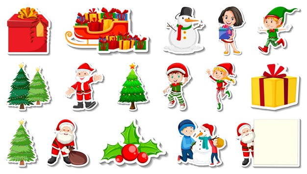 Set of Christmas objects and cartoon characters