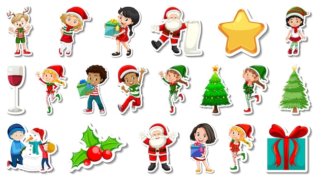 Set of Christmas objects and cartoon characters