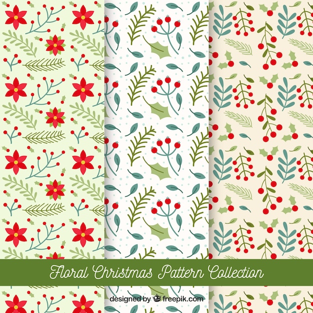 Set of christmas patterns with hand drawn flowers