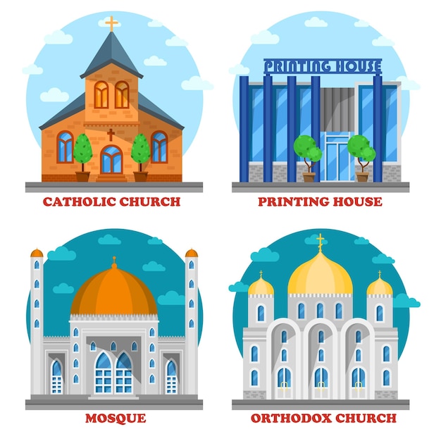 Vettore gratuito insieme degli edifici della chiesa e della facciata della tipografia