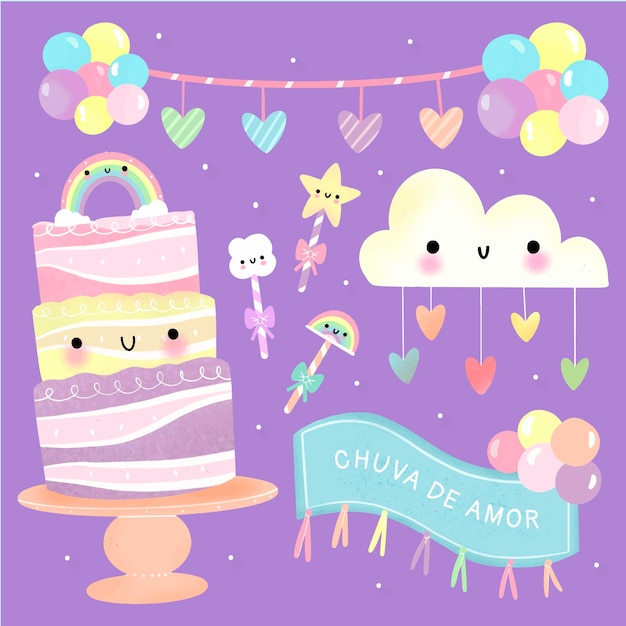 Set of chuva de amor decoration elements