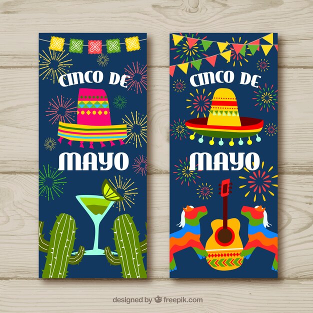 Set of cinco de mayo banners with traditional mexican elements 