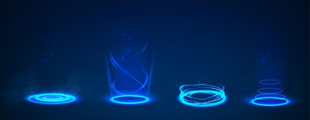 Free vector set of circle portal teleports with neon light glowing in the dark.