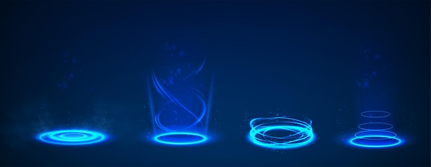 Set of circle portal teleports with neon light glowing in the dark.