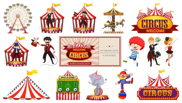 Vettore gratuito set di personaggi del circo ed elementi del parco divertimenti