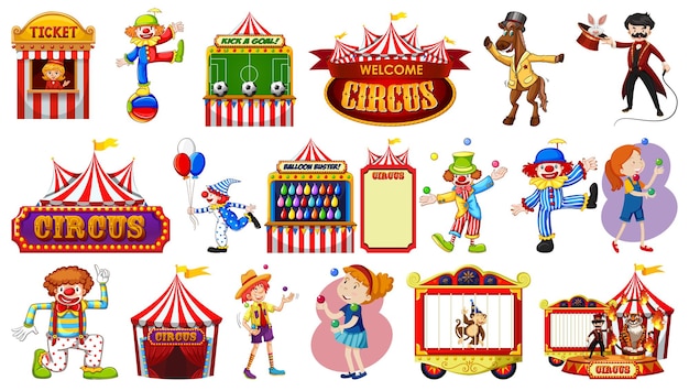 Набор цирковых персонажей и элементов парка развлечений