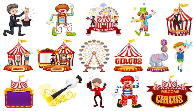 Set di personaggi del circo ed elementi del parco divertimenti