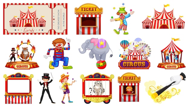 Free vector set of circus characters and amusement park elements