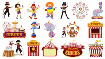 Free vector set of circus characters and amusement park elements