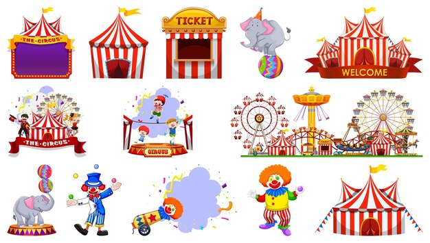 Set of circus characters and amusement park elements