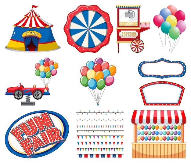 Set of circus items on white background