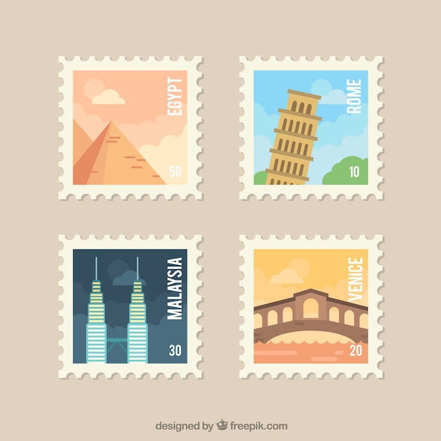 Set of city stamps in flat style