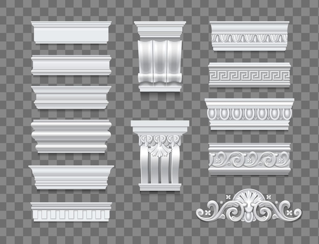 Free vector set of classical architectural isolated elements for interior and building walls decor on transparent background realistic vector illustration