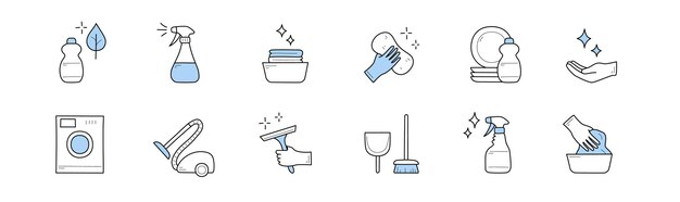 Set of cleaning and household doodle icons signs