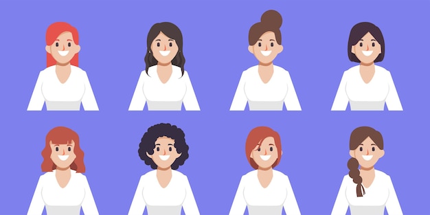 Set of clip art women collection icon character face difference hair style.