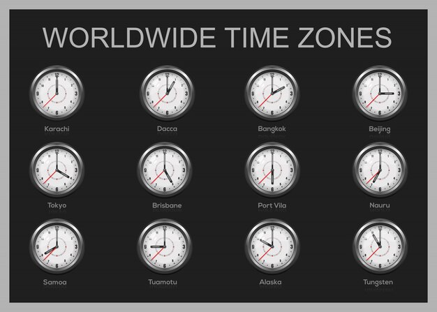 Premium Vector Time Zone Clocks Modern Wall Round Clock Face Time Zones Day And Night Clock World Big Cities Time Difference Illustration Set Clock Wall Zone Hotel Time Berlin Hong Kong