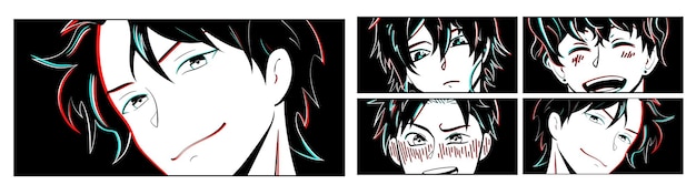 Set of  close up faces anime young mans manga style characters with glitch effect