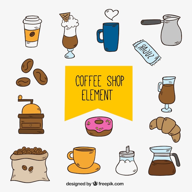 Free vector set of coffee shop hand drawn objects