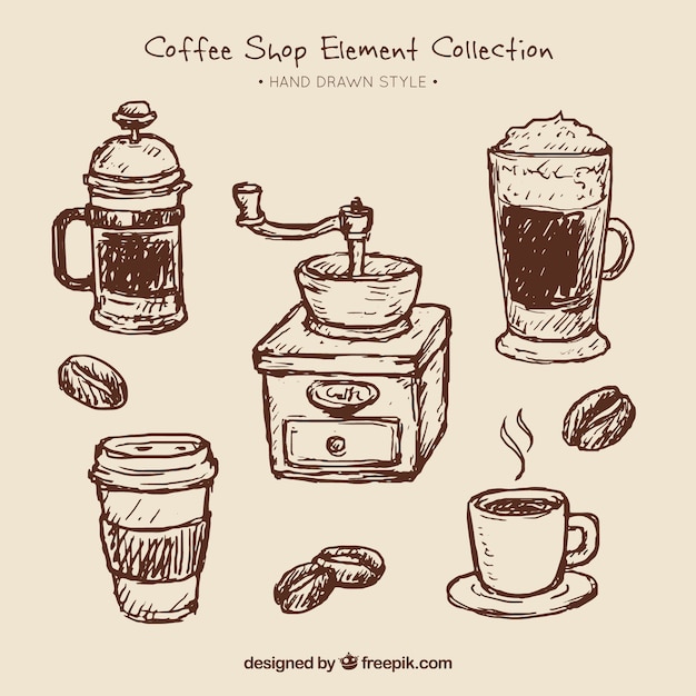 Free vector set of coffee sketches and coffee grinder