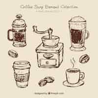 Free vector set of coffee sketches and coffee grinder