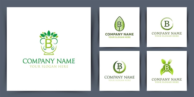 Установить начальную букву b логотип монограммы коллекции с векторной иллюстрацией дизайна логотипа чаши листьев