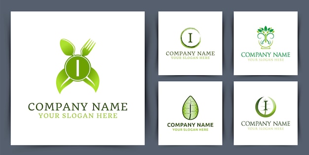 Установить начальную букву i логотип монограммы коллекции с векторной иллюстрацией дизайна логотипа чаши листьев