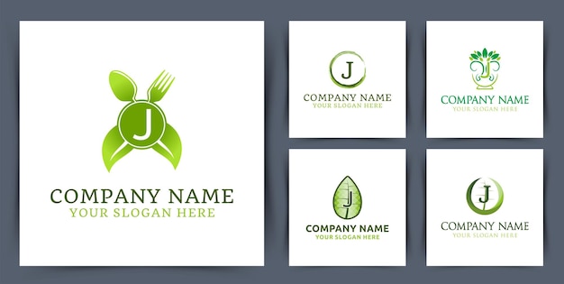 Установить начальную букву j логотип монограммы коллекции с векторной иллюстрацией дизайна логотипа чаши листьев
