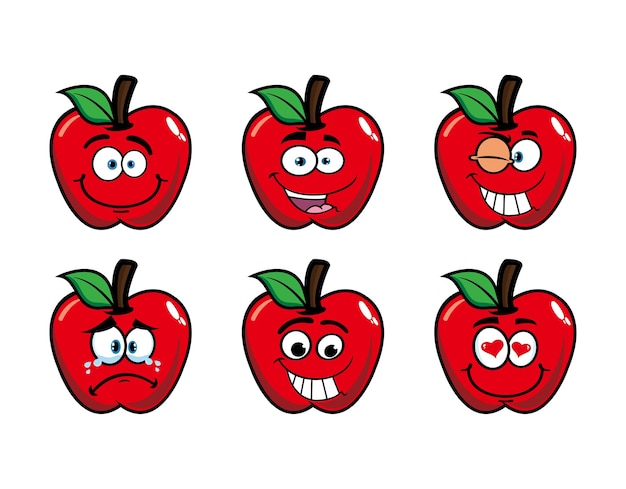 Set of collection smiling apple cartoon mascot character