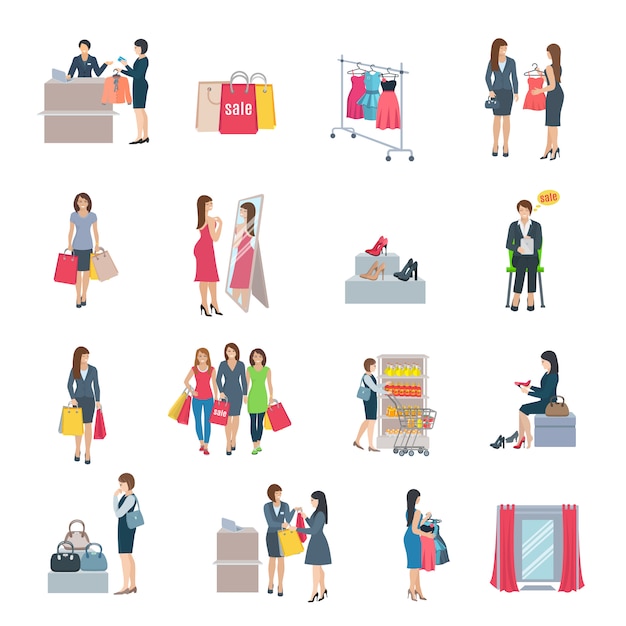 Set of color flat icons depicting woman shopping selection clothes shoes bag in store
