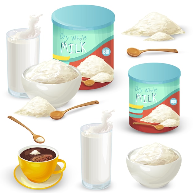 Free vector set of color vector illustrations of whole milk powder.