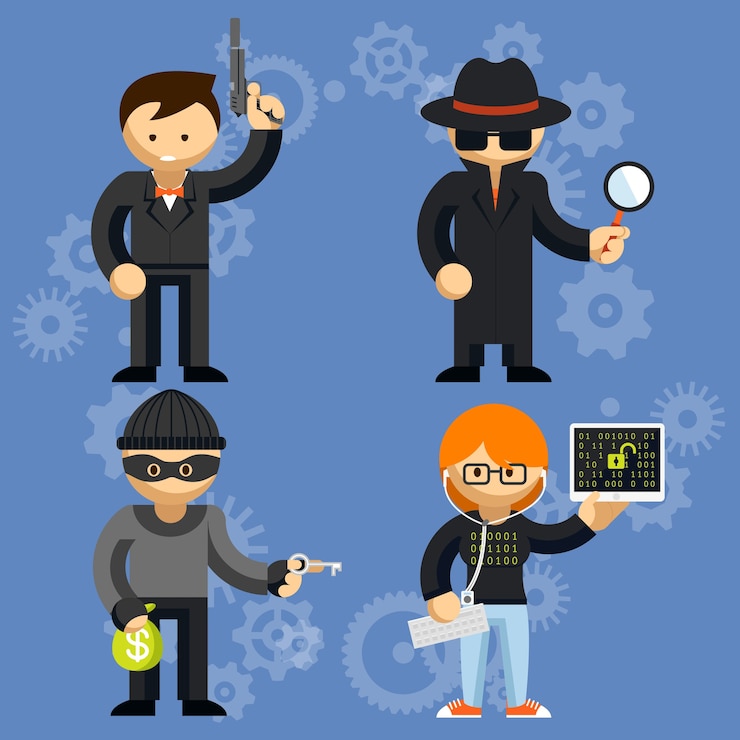 Free Vector set of colored cartoon vector characters involved in criminal activities with a man wielding a handgun  burglar  detective and hacker