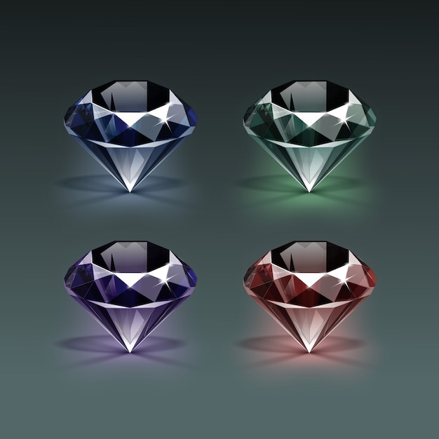 Set of colored dark blue purple green and red shiny clear diamonds isolated on dark