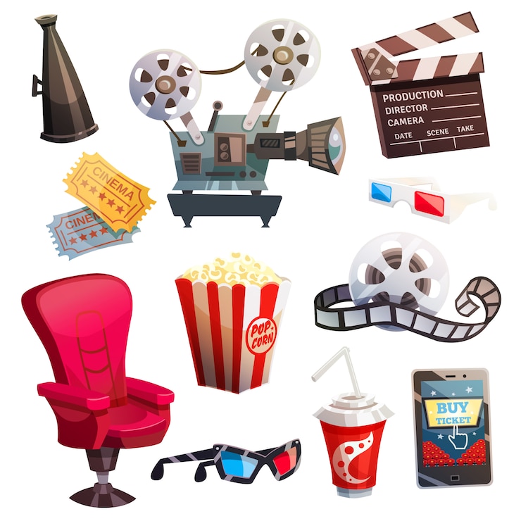 Free Vector set of colored isometric cartoon cinema icons