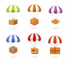 Free vector set of colored parachute carrying brown boxes for delivery isolated on white background.