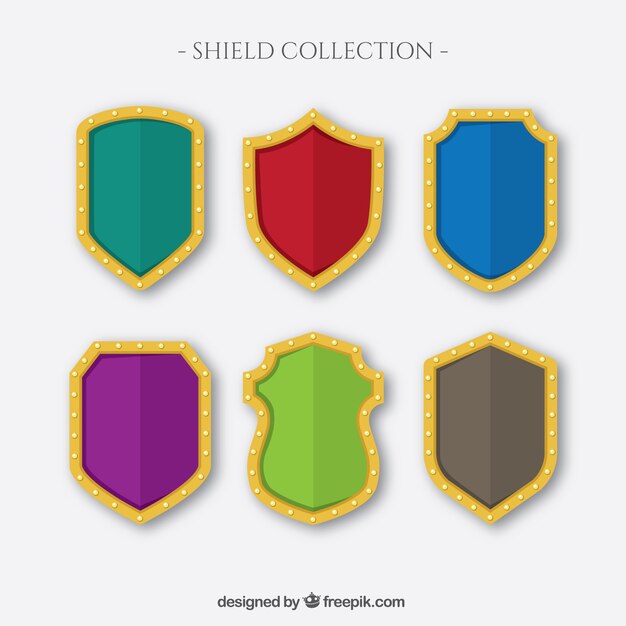 Set of colored shields with golden outline