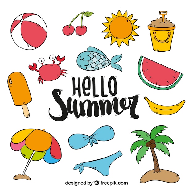 Free vector set of colored summer items in hand-drawn style