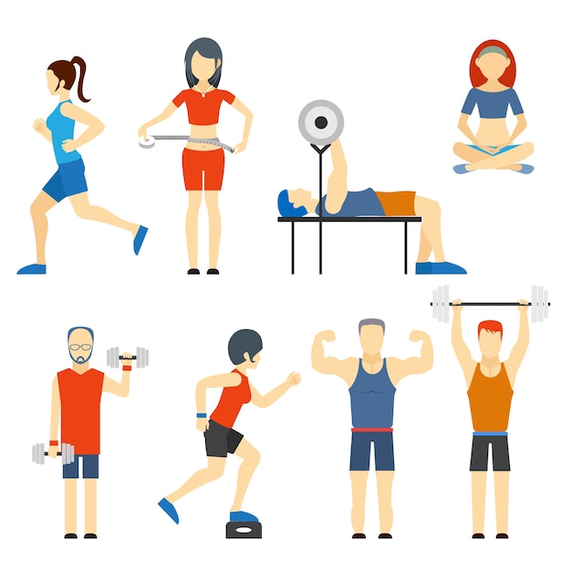 Set di icone vettoriali colorate di persone che si esercitano in palestra e icone di fitness con bodybuilding sollevamento pesi in esecuzione jogging yoga e misurazione della perdita di peso